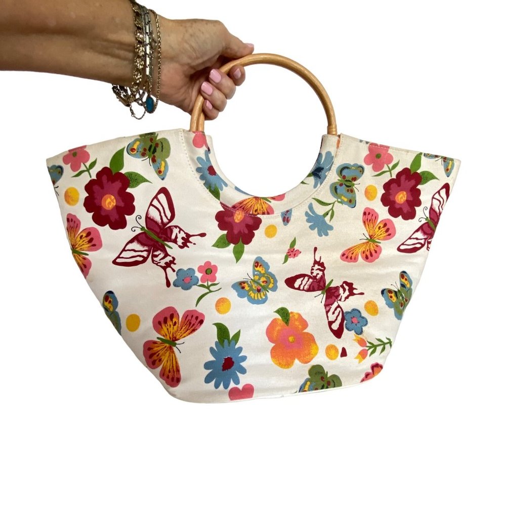 Lancôme Canvas Tote Bag Flowers Butterflies Bamboo Handles Beach Summer